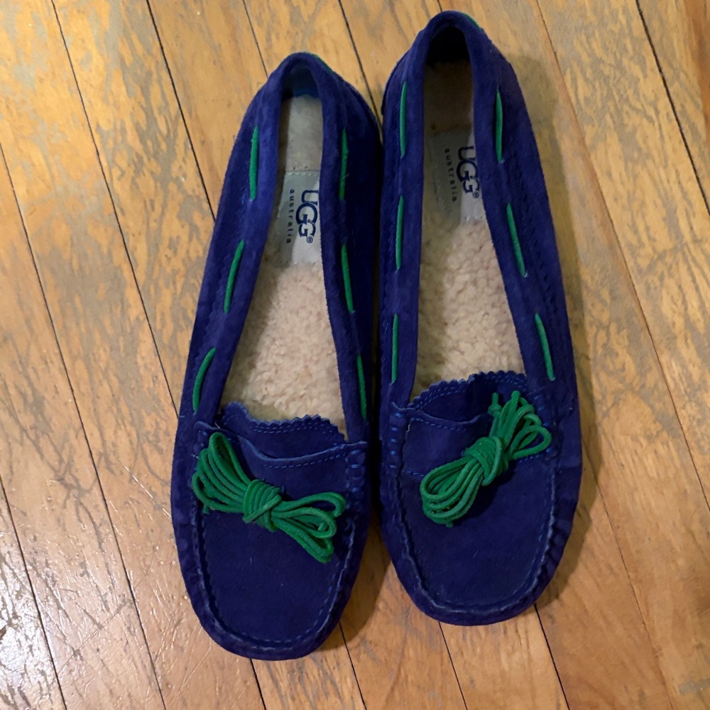 UGG Blue Suede Moccasins with Green Laces
